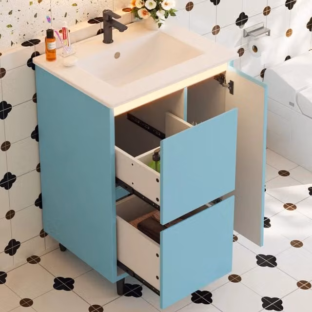 Mobile Sottolavabo Minimal con Lavabo Integrato in Ceramica Blu, L: 61 cm, P: 46.5 cm, H: 87 cm, con Due Cassetti e Chiusura Soft-Close – 1