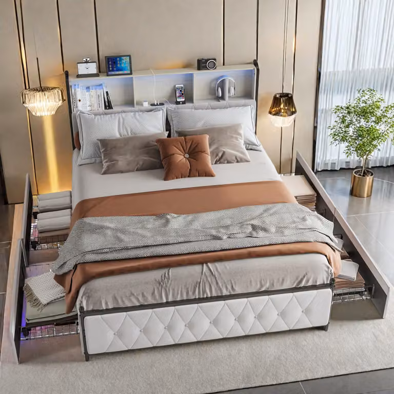 UnboxG Letto imbottito 160x200cm con (USB&Typ-c), e prese di corrente, letto per ragazzi letto matrimoniale con 4 cassetti, letto contenitore letto in legno massiccio con LED e rete a doghe, velluto, beige