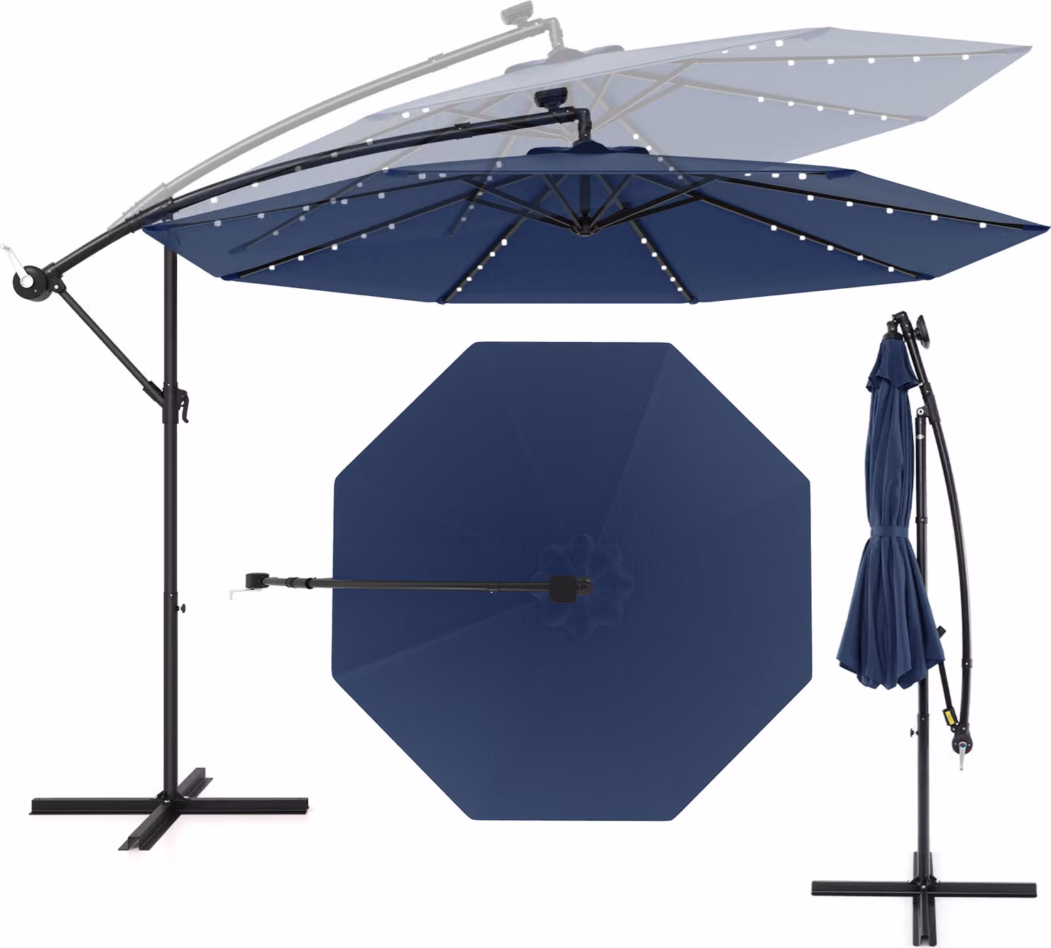Ombrellone da 3 m con LED, ombrellone da terrazza con protezione UV e base a croce, ombrellone con manovella inclinabile, ombrellone da mercato, ombrellone da giardino per cortile, piscina
