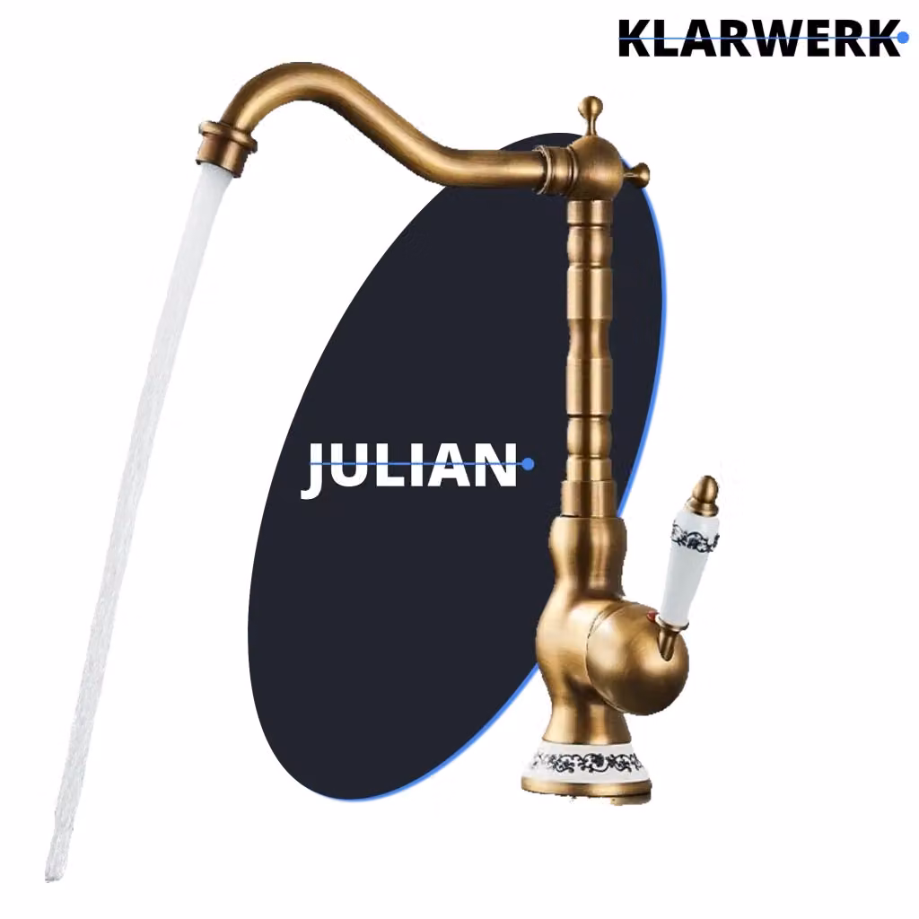 Rubinetto da cucina vintage premium Klarwerk Julian in ottone dorato con miscelatore retrò e due porte ruotabili a 360 gradi – 2