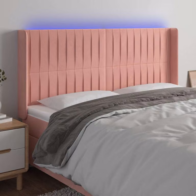 Testiera per letto vidaXL in velluto rosa con illuminazione LED e porta di ricarica USB, L: 203 cm, P: 16 cm, H: 118/128 cm