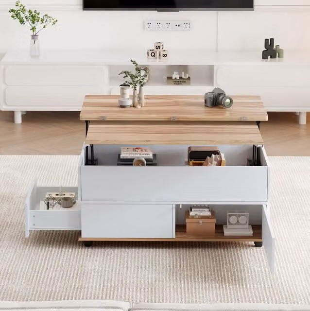 Tavolino da salotto rialzabile 100 x 98 x 65 cm in truciolare; bianco e effetto legno naturale