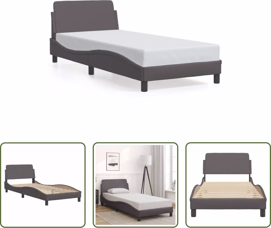 The Living Store Giroletto con testiera grigio 80x200 cm in ecopelle