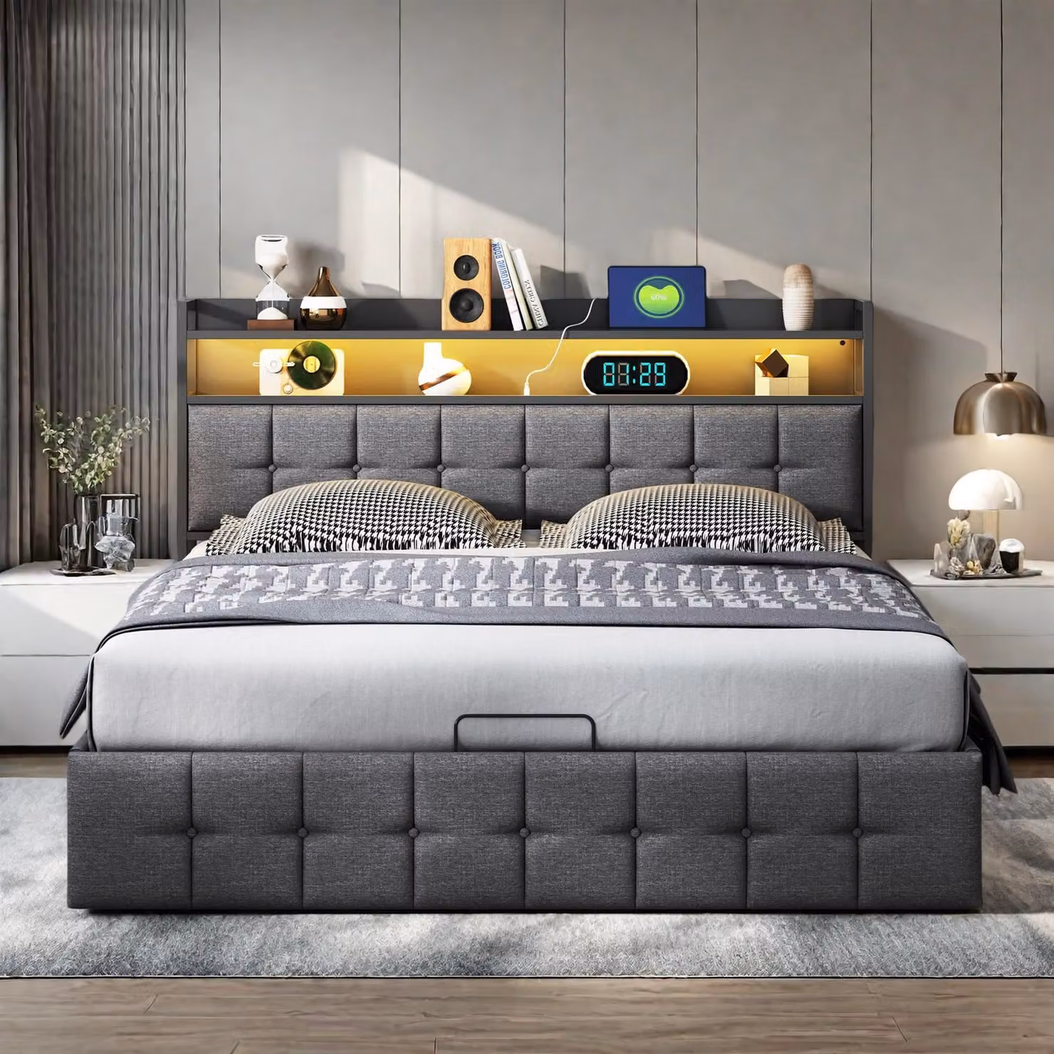 Letto a cassettone 140x190 cm in Pelle finta grigia con LED RGB, testata con prese USB/Type-C e vani portaoggetti integrati