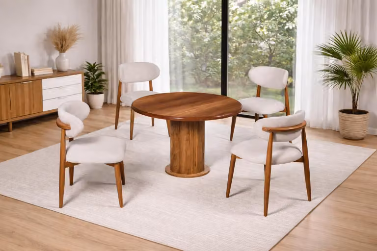 Tavolo con 4 sedie, stile moderno, colore beige e marrone, forma rotonda, nuovo