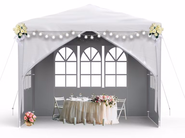QEENTOE, gazebo da giardino 3x3 metri, bianco, tenda in polietilene impermeabile con 4 pareti laterali, porta con cerniera, tenda per eventi in giardino