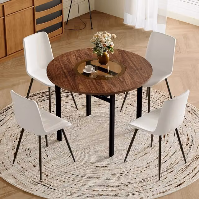 Set tavolo e sedie con tavolo rotondo e 4 sedie per sala da pranzo, in MDF, vetro, metallo e PU marrone, nero e bianco