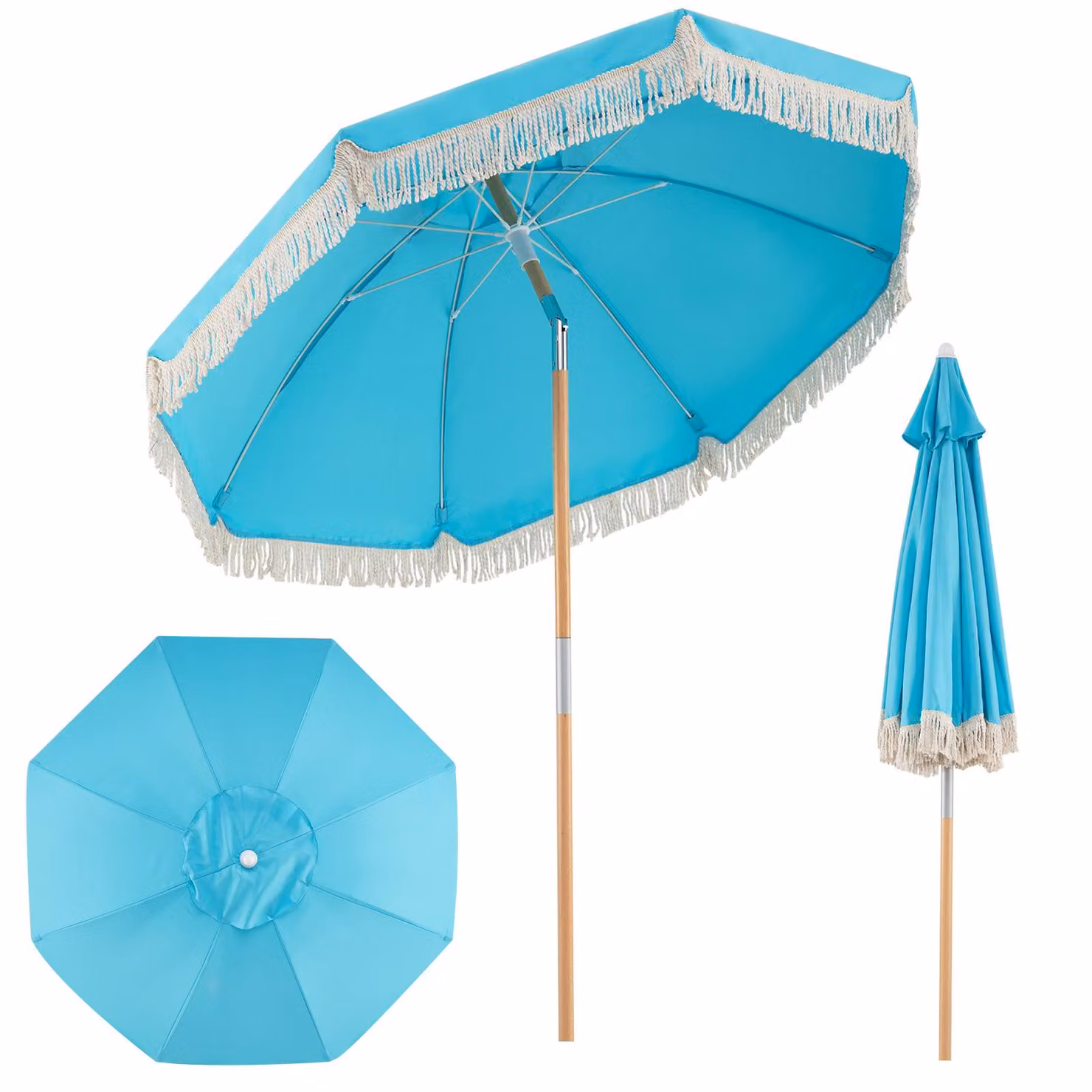 Ombrellone COSTWAY Boho, φ170 cm Ombrellone da giardino con frange, inclinabile di 30° su entrambi i lati, ombrellone da balcone in legno, ombrellone da terrazza, ombrellone da mercato Blu