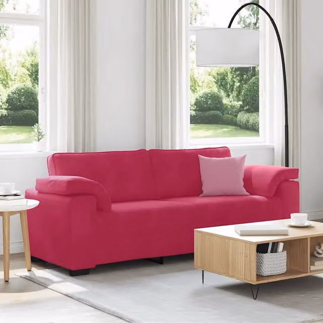 Divano a 3 posti moderno vidaXL in velluto rosso con cuscini, L: 220 cm, P: 77 cm, H: 82 cm