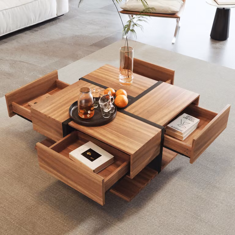 Abrihome Tavolino quadrato lucido con 4 cassetti, tavolino da salotto, 78×78×36 cm, marrone
