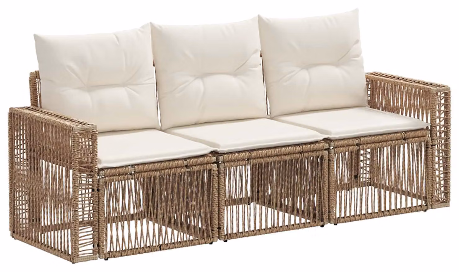 Tre divani da giardino in rattan sintetico, color beige e bianco crema
