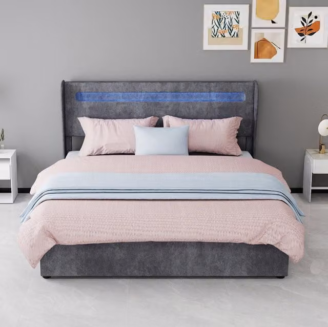 Letto imbottito LED 160x200 cm grigio in tessuto e metallo