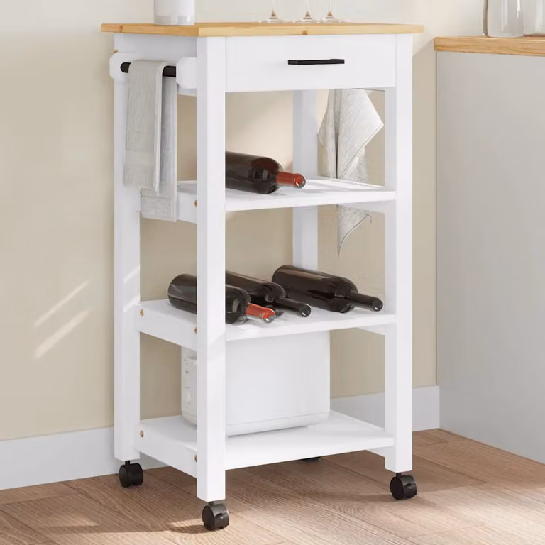 vidaXL Carrello da Cucina MONZA in Legno di Pino e Metallo, Bianco, L/P/H: 48 x 40 x 88,5 cm
