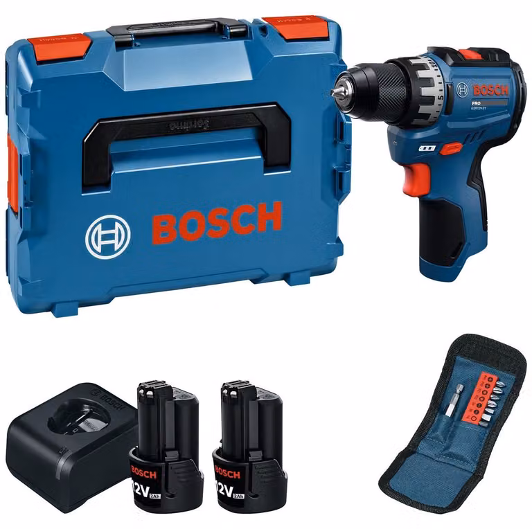 Trapano avvitatore a batteria GSR12V-31, con 2 batterie GBA12V-20, confezionato in una valigetta L-BOXX