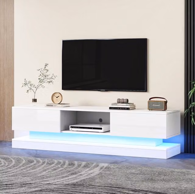 Mobile TV moderno MODFU bianco lucido con illuminazione LED e 2 cassetti L: 160 cm, P: 35 cm, H: 40,5 cm – 1