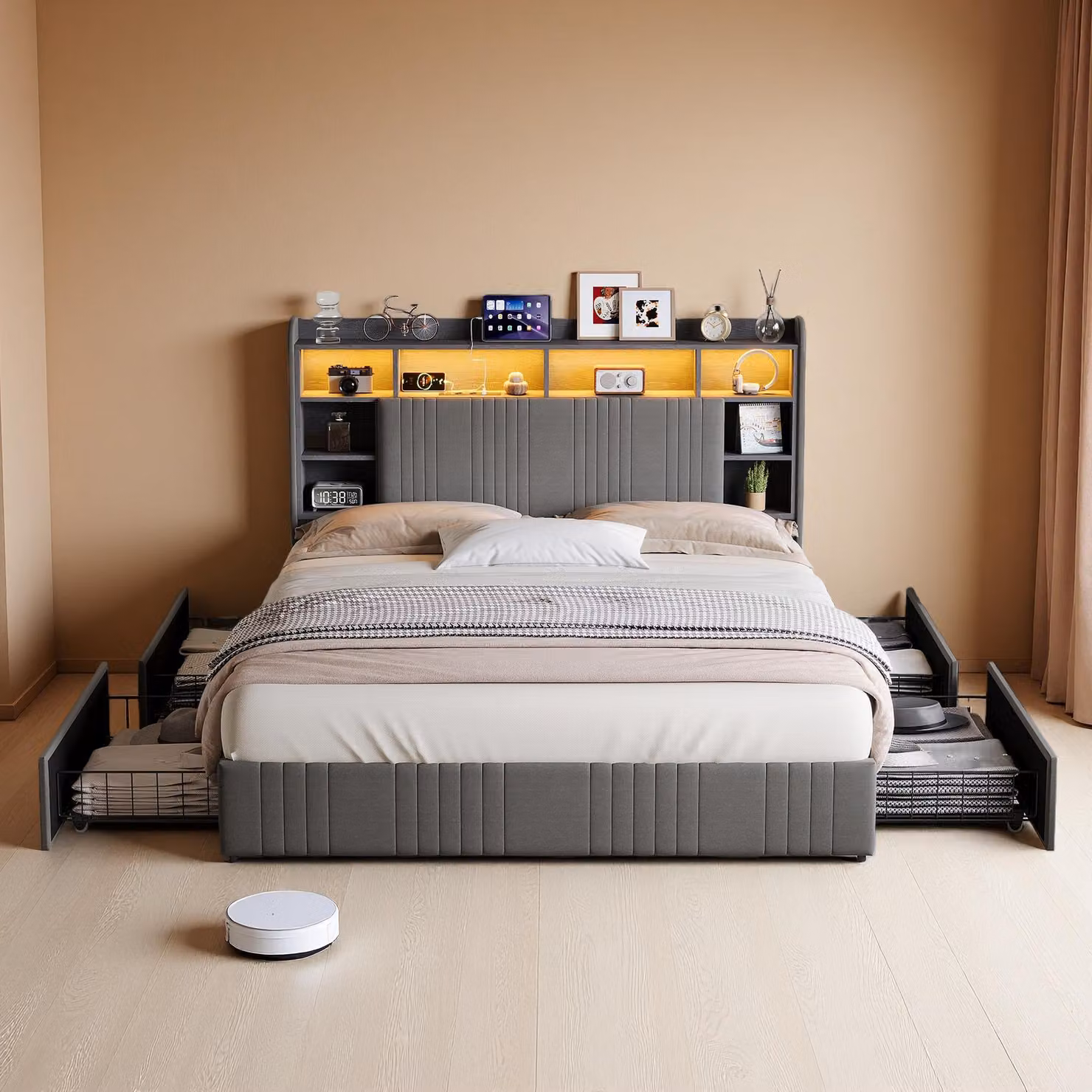 Letto imbottito ProximaX 140x200 cm in tessuto di lino grigio con 4 cassetti, illuminazione LED RGB e stazione di ricarica (USB/USB-C/prese di corrente)