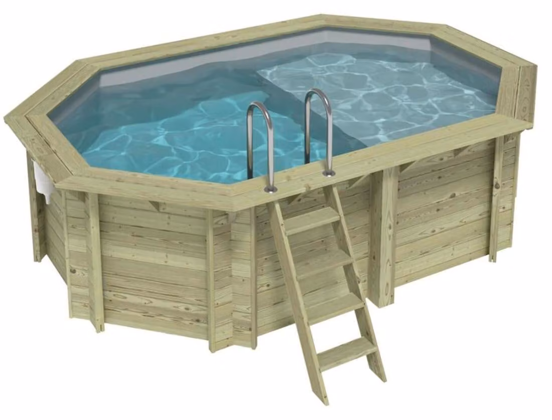 Piscina in legno NEMO 4.3 x 3 – H.1.18 m con spiaggia, grigio, con supporti fissati al calcestruzzo