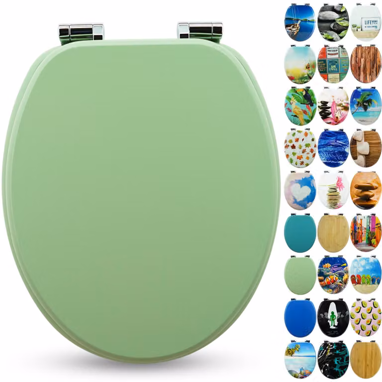 Sedile WC Sanfino® Premium "Mint Green": sedile WC di alta qualità in legno con chiusura ammortizzata, numerosi motivi colorati, facile da montare