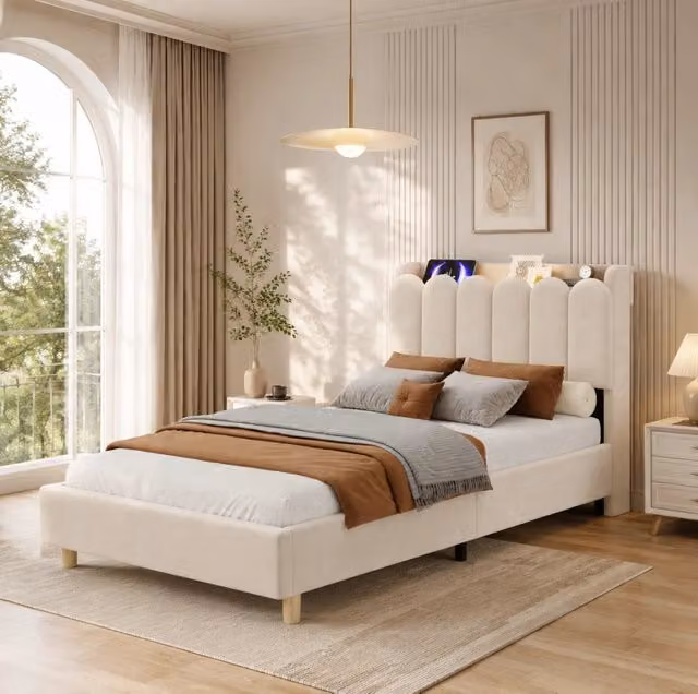Letto singolo imbottito per bambini 90x200 cm con rete a doghe, testiera in velluto beige, lampada da lettura e stazione di ricarica USB & Type-C