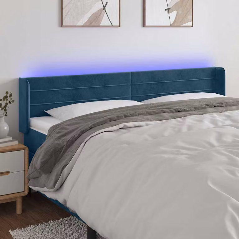 Testiera per letto vidaXL in velluto blu scuro con illuminazione LED e porta di ricarica USB, L: 203 cm, P: 16 cm, H: 78-88 cm