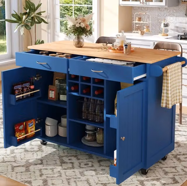 Isola cucina multifunzione in MDF con finitura effetto legno, 102×45×92 cm, blu, con ruote e vani portaoggetti