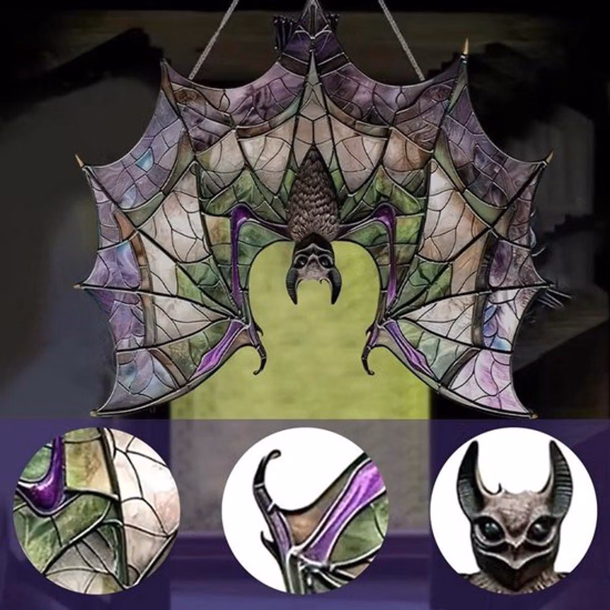Decorazione gotica per finestre con pipistrello di Halloween, design elaborato e riflettore per creare un'atmosfera spettrale
