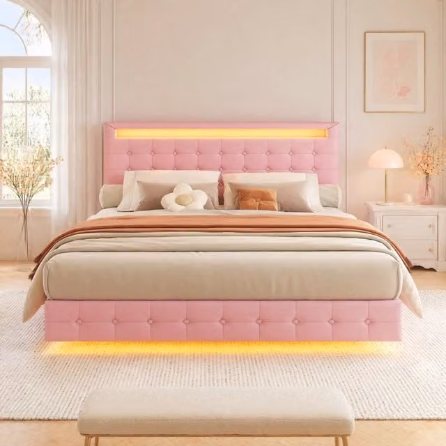 Letto matrimoniale 140x200 cm flottante con LED; testiera regolabile; PU rosa