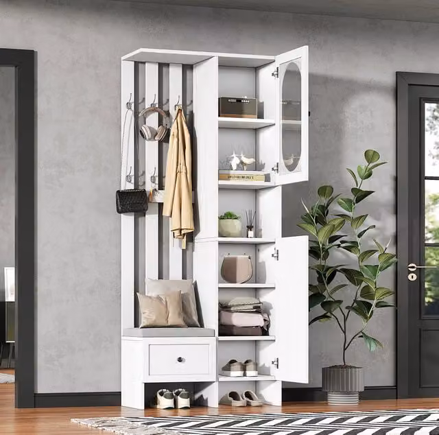 Mobile guardaroba da ingresso ULEVR 85x33,5x200 cm con 2 armadi, 6 ganci e panca portascarpe bianco