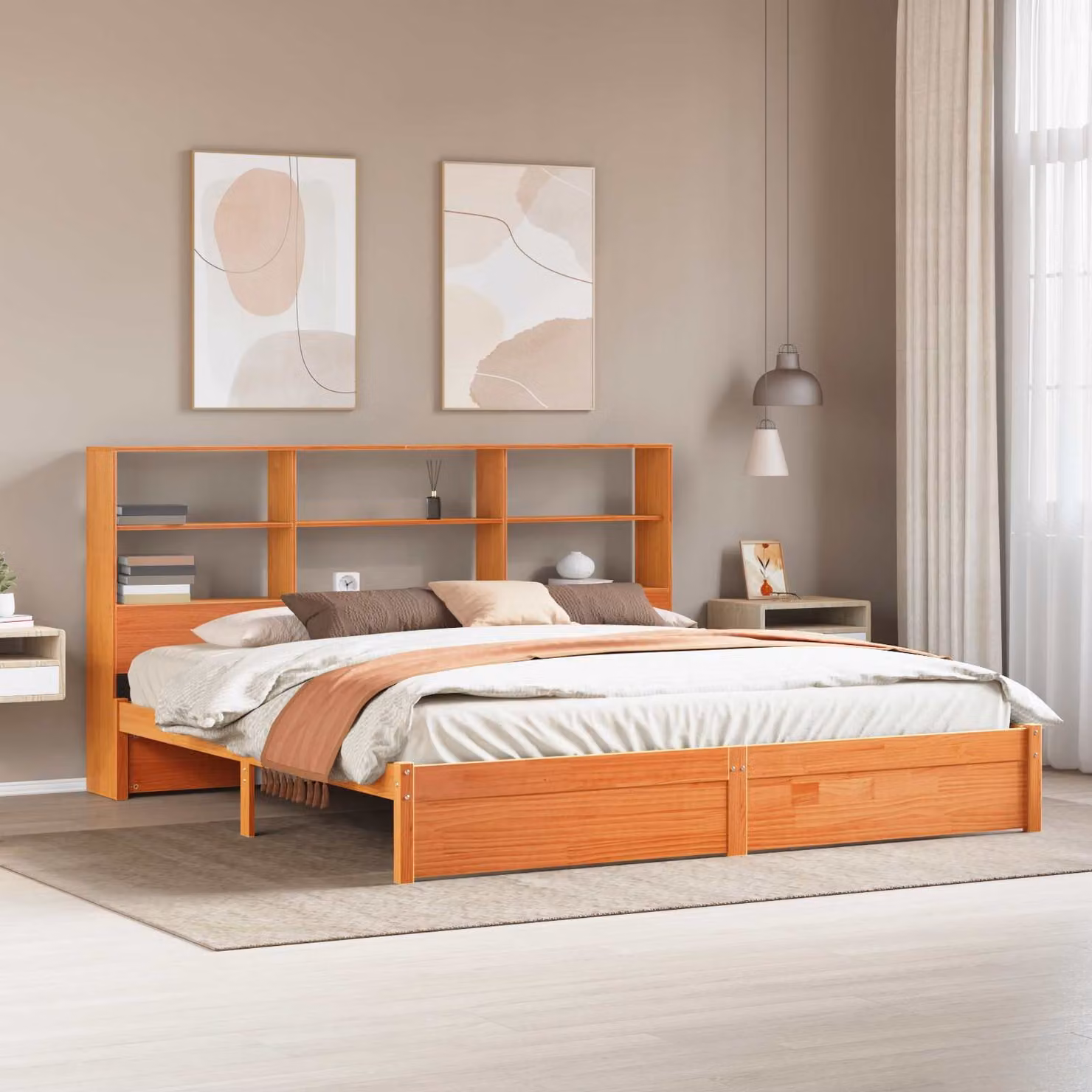 Struttura letto con testiera contenitore vidaXL in legno di pino marrone cera L/P/H: 200 x 180 x 110 cm