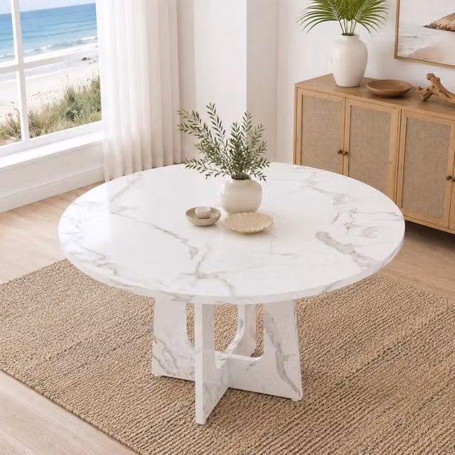 Tavolo da pranzo rotondo ULEVR ?120x76 cm in MDF bianco effetto marmo, per 4-6 persone, piedini regolabili