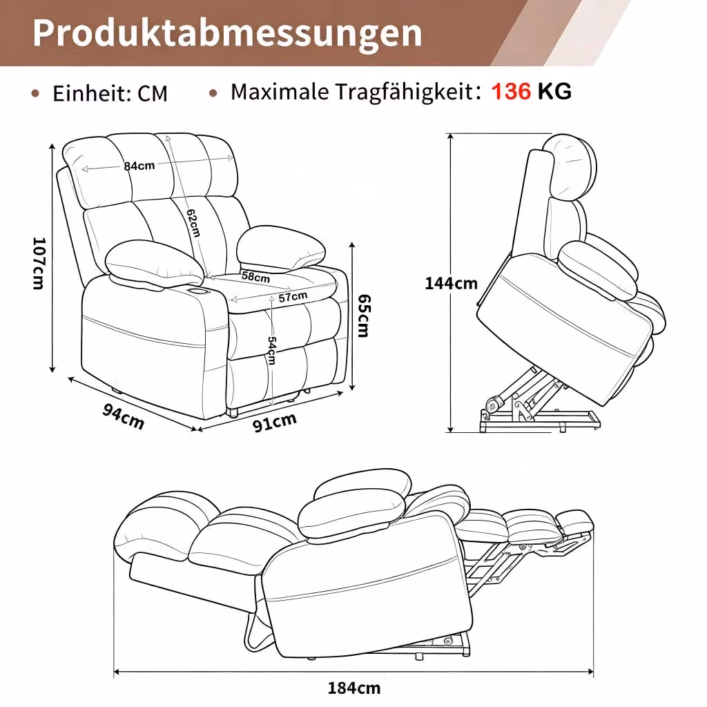 Poltrona relax elettrica MIVRAY con funzione alzapersona, due motori, massaggio e riscaldamento, rivestimento in tessuto marrone con struttura in legno massiccio – 2