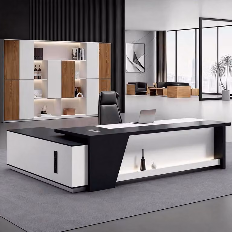 Scrivania a forma di L con spazio contenitore, colore nero e bianco, dimensioni 160x80x75 cm