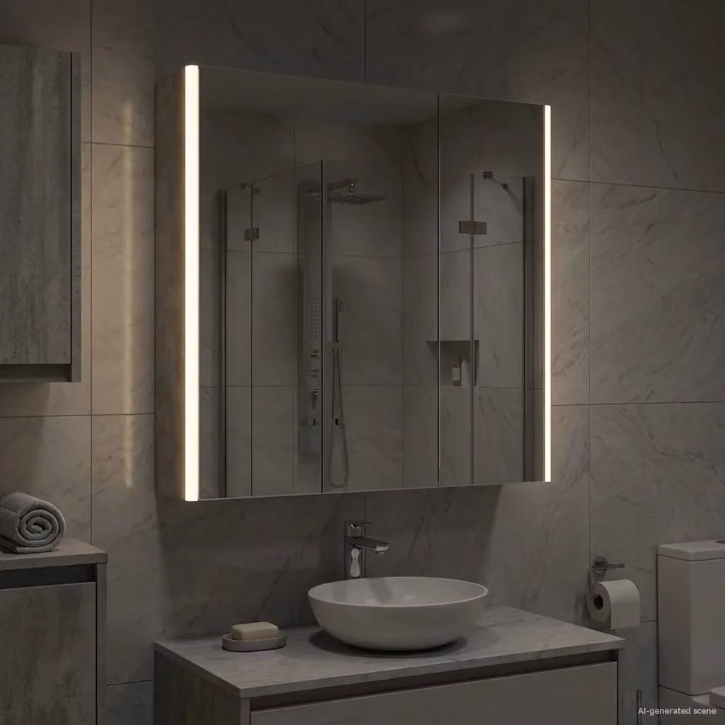 Armadio da bagno con specchio e illuminazione LED vidaXL, Grigio, L: 70.0 cm, H: 63.5 cm, P: 15.5 cm – 2