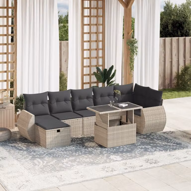 vidaXL Set Divano da Giardino a L in Polyrattan Grigio con Cuscini e Tavolino