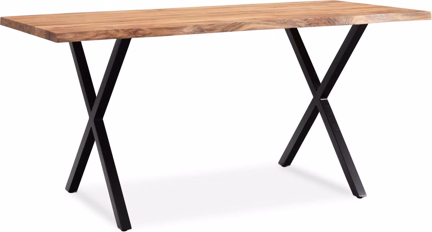 WOHNLING Tavolo da pranzo 140x80x76 cm Legno massello di acacia / metallo Tavolo da pranzo con bordo naturale Tavolo da cucina massiccio con gambe a X in nero Tavolo in legno Tavolo da pranzo