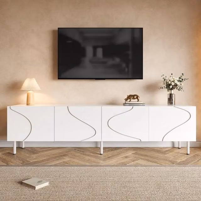 Mobile TV a 4 ante push-to-open con linee curve tridimensionali in MDF e pannello truciolare bianco 170 × 35 × 50 cm