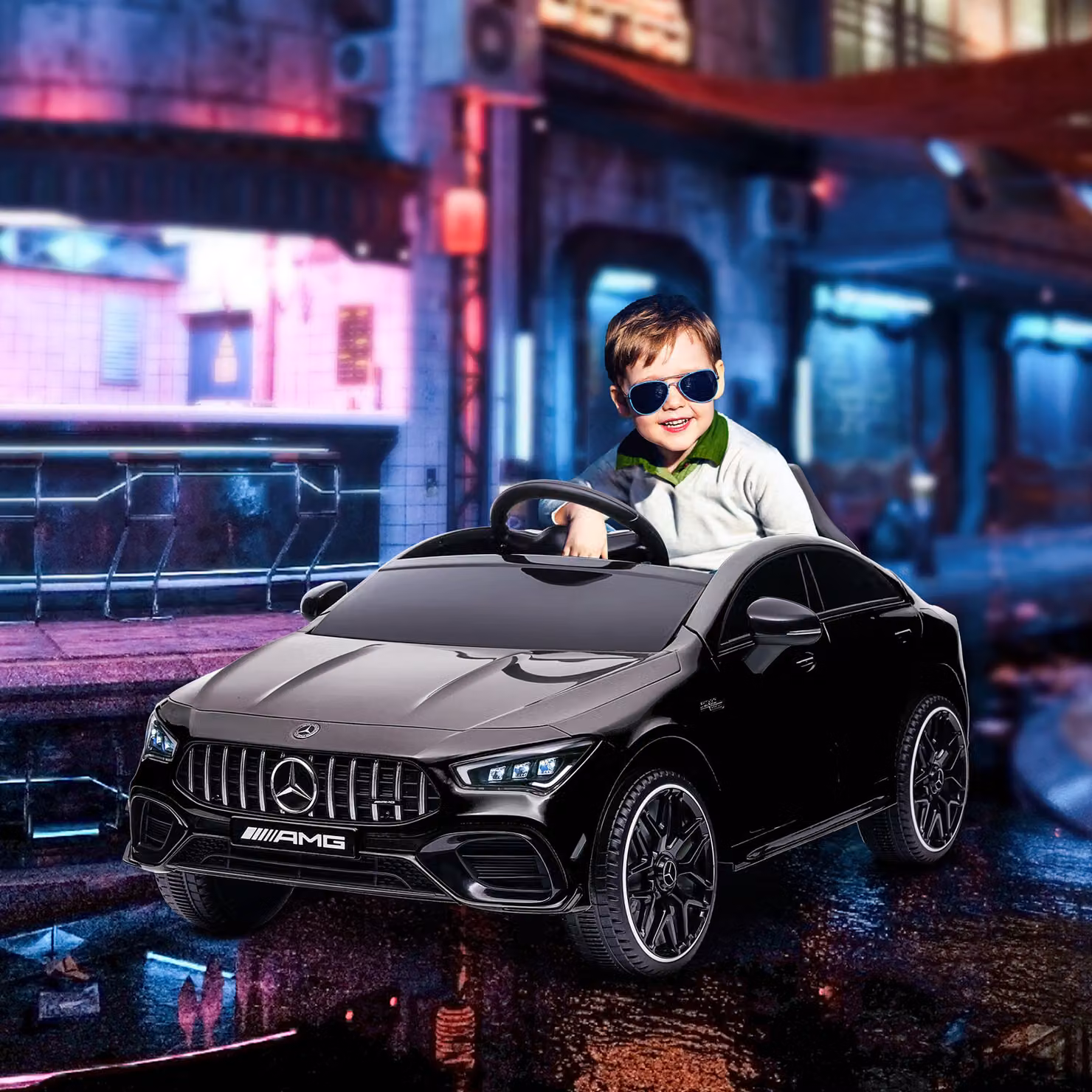 Auto elettrica AIYAPLAY per bambini con telecomando, luci LED e clacson, Nero – 2