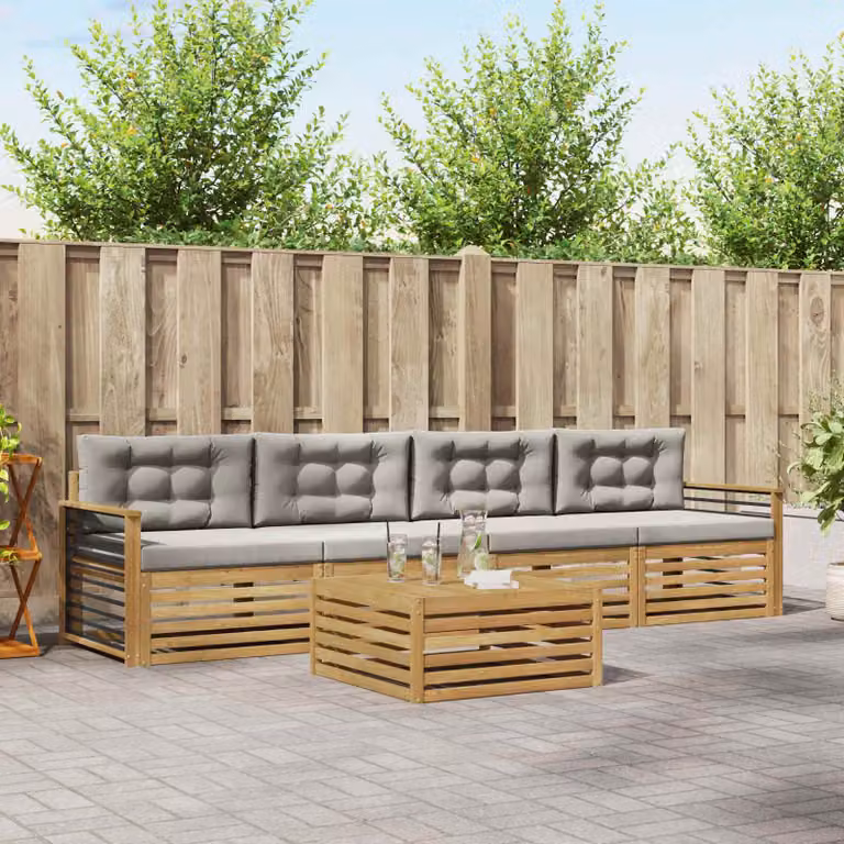 vidaXL Set di mobili da giardino 5 pezzi in legno di acacia con divano a 3 posti, poltrone e tavolino da caffè, Bianco e Grigio
