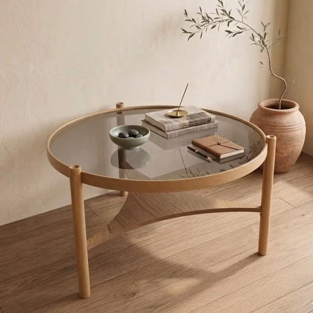 Tavolino da salotto moderno DMORA Canterano in legno e vetro, Marrone Rovere, L: 100 cm, P: 100 cm, H: 46 cm