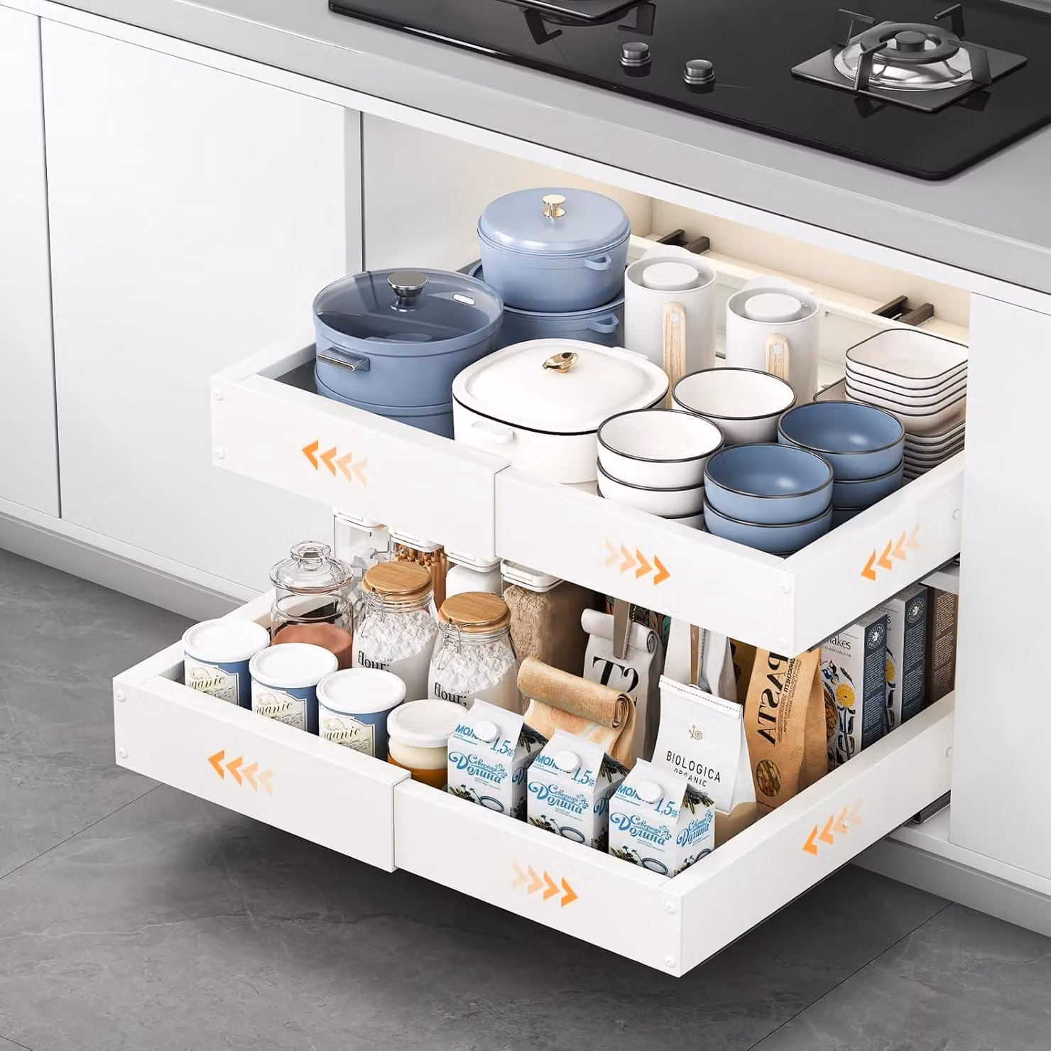 Cassetti estraibili per cucina, in acciaio, 2 pezzi, profondità 41,5-55 cm, larghezza 29-48 cm, per mobiletti da cucina