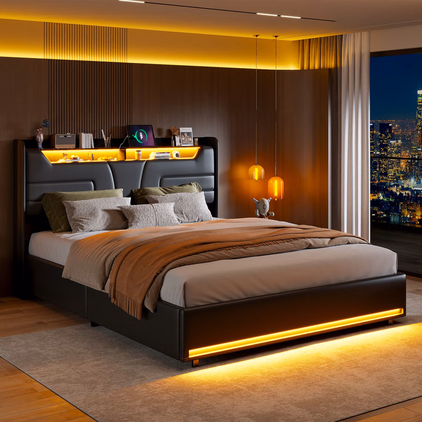 Letto imbottito Fortuna Lai 160x200 cm con testata a LED, contenitore, funzione di ricarica USB e rete a doghe - Letto matrimoniale funzionale con schienale