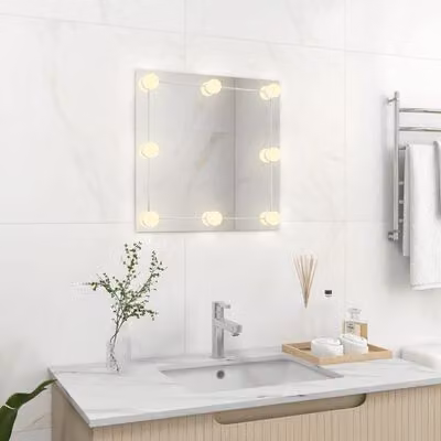 AIORBER specchio per vanità con luce LED, quadrato, design minimalista, con porta USB, per camera da letto, soggiorno, 50 x 50 cm, argento