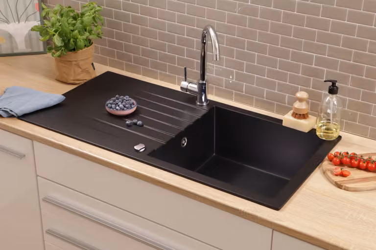 Lavello da cucina, lavello da incasso, lavello in granito massiccio 100 x 50, nero, Respekta Almonto