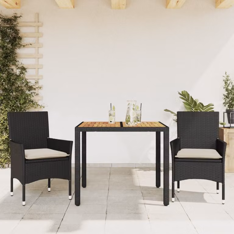 Set da pranzo da giardino vidaXL in polyrattan e legno di acacia nero con cuscini bianchi