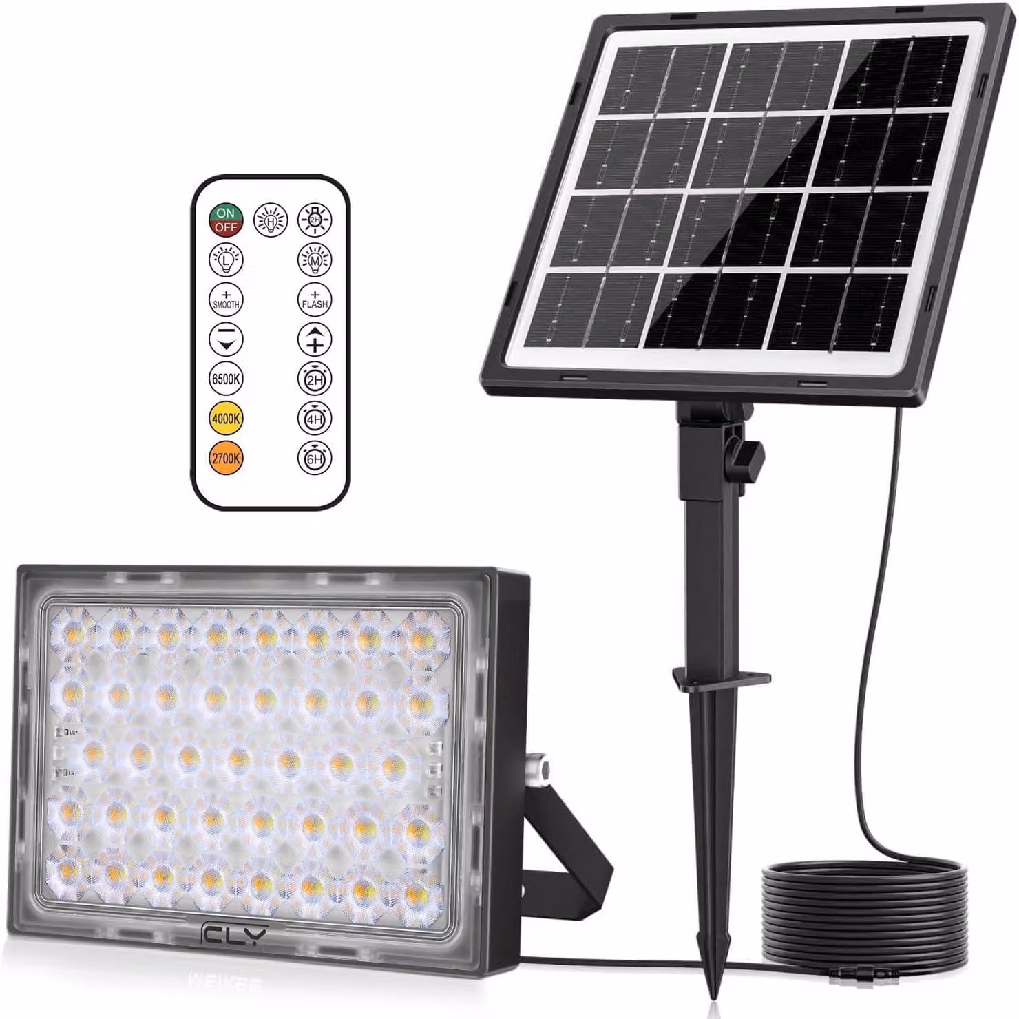 Faretto solare a LED da 30W, 2600 lumen, grado di protezione IP66, con telecomando