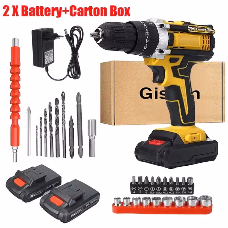 Trapano avvitatore a batteria - Trapano senza fili da 21V - 2 batterie incluse - 25+3 livelli di coppia - 2 velocità - 28 Nm - 1600 giri/min - Ideale per il fai-da-te - Colore: giallo