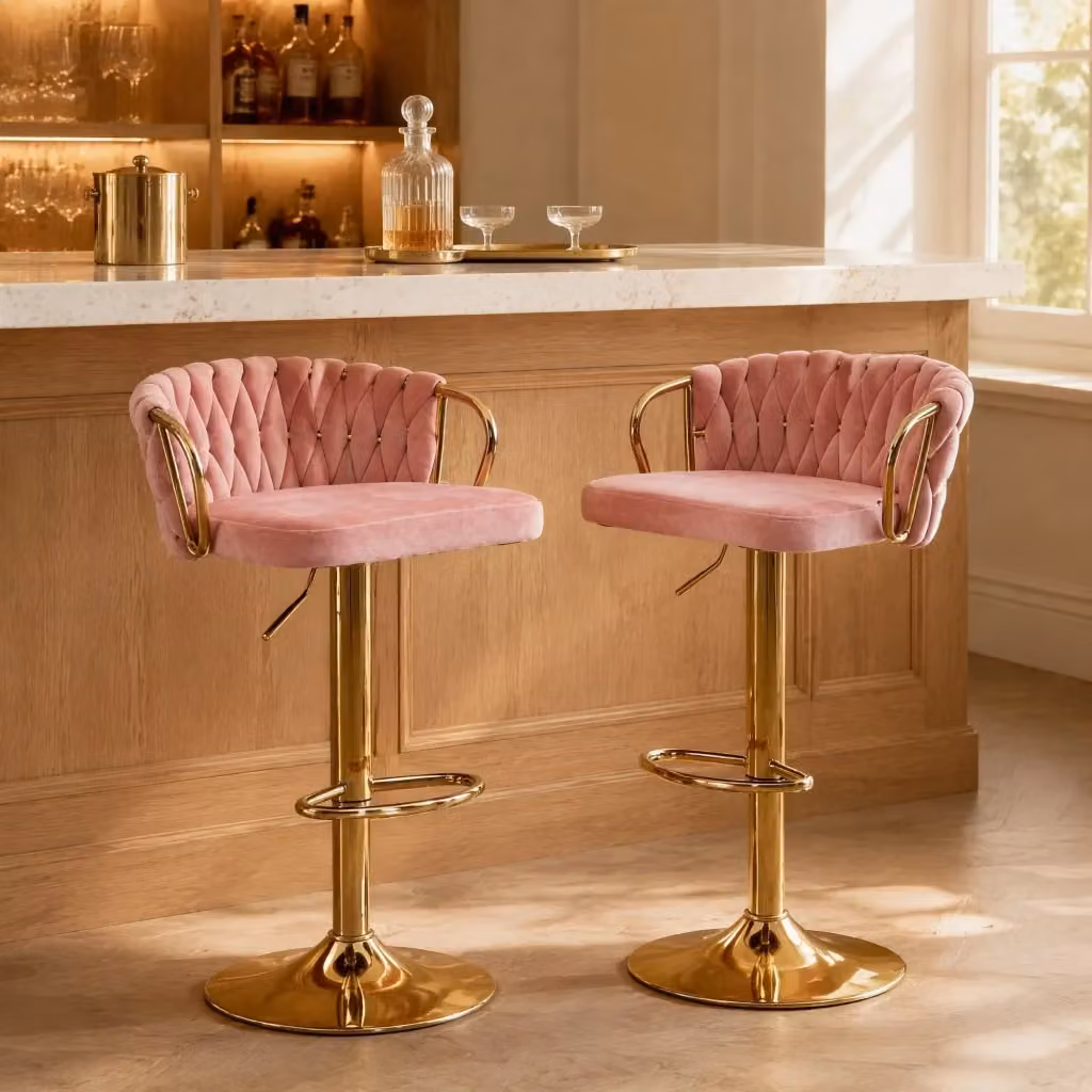 Set di 2 sgabelli da bar girevoli WISHDOR in velluto rosa con struttura in metallo e altezza regolabile – 2