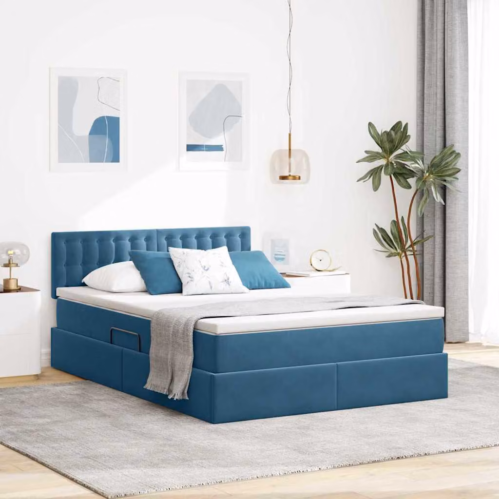 Letto con contenitore e materasso a molle vidaXL, rivestimento in velluto blu con illuminazione LED sottostante, L/P/H: 140 x 200 x 103 cm