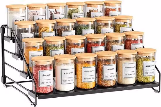 Scaffale da cucina per erbe aromatiche con quattro scomparti - senza fori - larghezza 34 cm - in plastica nera, perfetto per organizzare l'isola della cucina.
