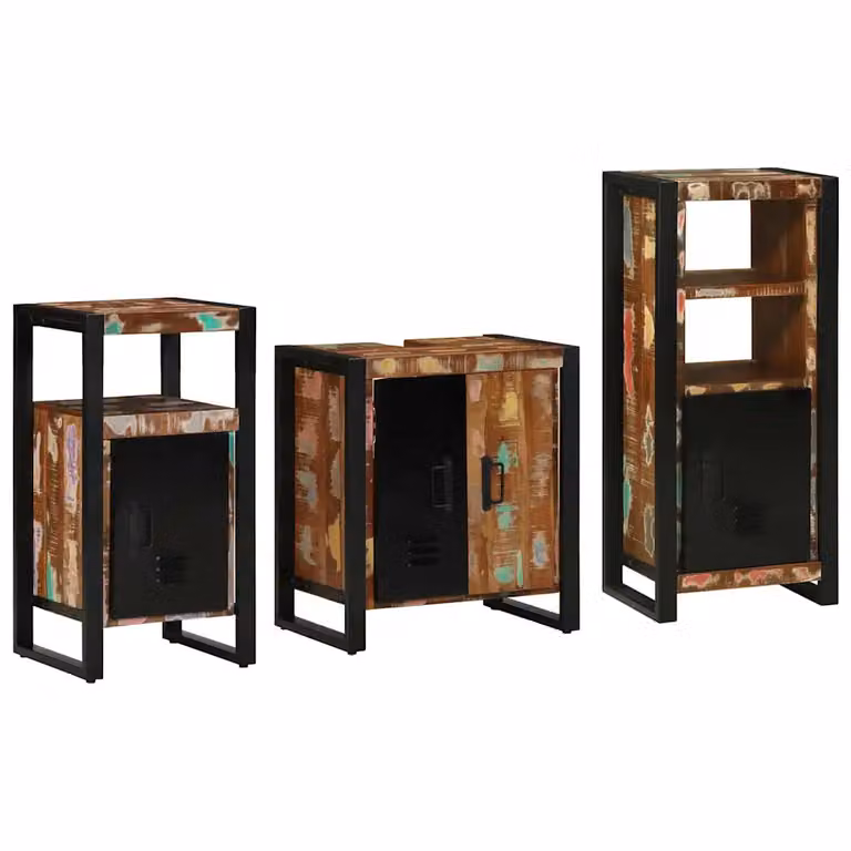 Set di mobili da bagno moderno vidaXL in legno e metallo, 3 pezzi, multicolore e nero, con pensili a muro e ante a cerniera